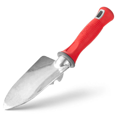 Pro Grade Heavy Duty Garden Trowel with red handle for planting, digging and cultivating; mini garden shovel for soil and transplanting.