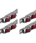 Rugged Stainless Steel Double Wheel Sliding Window And Door Roller Pulley 4 Pack with red nylon wheels and silver mount brackets.