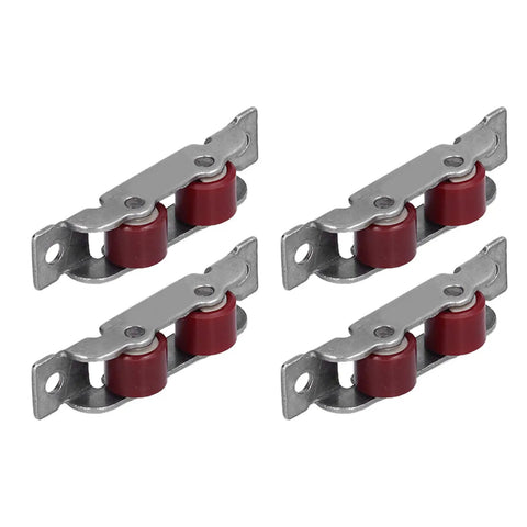 Rugged Stainless Steel Double Wheel Sliding Window And Door Roller Pulley 4 Pack with red nylon wheels and silver mount brackets.