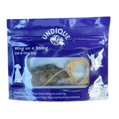 Real Quail Wing On String Cat Toy For Interactive Play And Training With Bird Scent in blue packaging