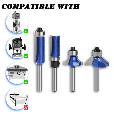 Must Have Four Piece Router Bit Set With One Quarter Inch Shank Tungsten Carbide Tips Includes Top Bearing Flush Trim Pattern Template Forty Five Degree Chamfer And Roundover Bits For Woodworking Projects Great For Beginners And DIY