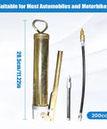 High Pressure Lever Style Grease Gun With 28.5cm Flexible Whip Hose shown with attachments for lubrication