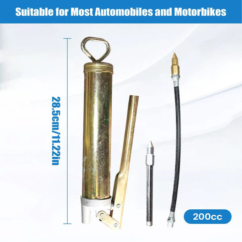 High Pressure Lever Style Grease Gun With 28.5cm Flexible Whip Hose shown with attachments for lubrication