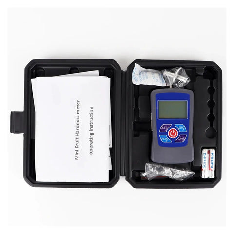 Top Shelf Portable Digital Fruit Hardness Tester And Penetrometer in a case with instructions and batteries included.