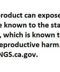 California Prop 65 warning label for chemical exposure risks including titanium dioxide and carbon monoxide.