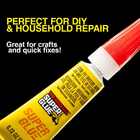 Close-up of glue tube with red precision tip, labeled "Super Glue," text promoting DIY and crafts use for repairs.
