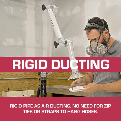 Third Hand Dust Collection Boom Arm for Workbench Mount with rigid ducting in use for sanding with fume extraction