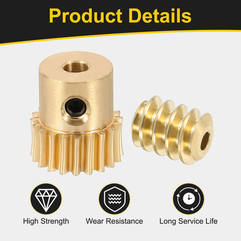 Front view of brass worm gear set with 20-tooth gear, 0.5 module, and matching screw; 3mm bore.
