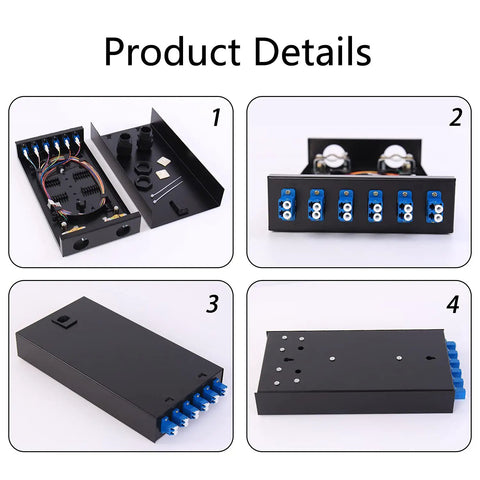 Six Port Wall Mount Fiber Enclosure Kit With Spool For Singlemode OS1 Includes One Meter Twelve Strand UPC Pigtail And Six Port Duplex LGX Panel Rugged Pro Grade Build For Data Centers And Telecom Setups, black wall box