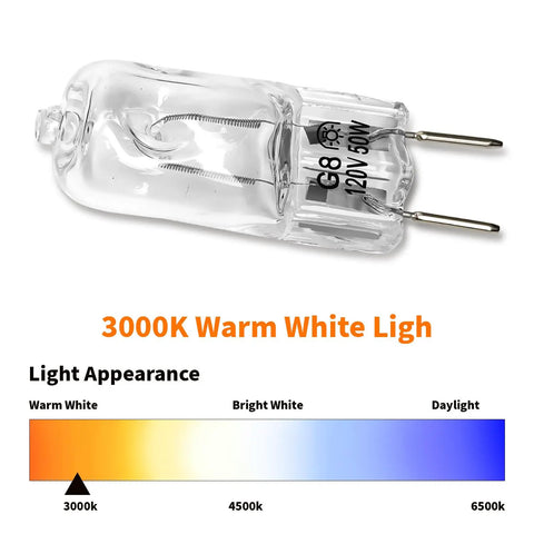 Halogen Microwave Oven Light Bulb 120V 50W for GE, G8 Bi Pin Base, Warm White 3000K, shown with color temperature scale