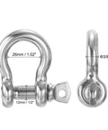Hella Durable Heavy Duty 3/8 Inch Screw Pin Shackle With 1/2 In Bolt, 2204 Lbs Load 304 Stainless Steel D Ring showing dimensions.
