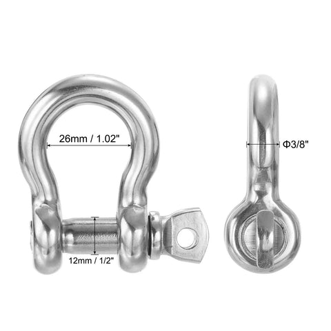 Hella Durable Heavy Duty 3/8 Inch Screw Pin Shackle With 1/2 In Bolt, 2204 Lbs Load 304 Stainless Steel D Ring showing dimensions.