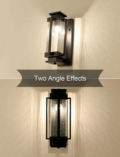 Dusk To Dawn Outdoor Wall Lanterns Large Exterior Porch Lights With Seeded Glass IP65 Waterproof Sconces, dual angle view