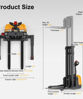 Rugged Heavy Duty Electric Lithium Pallet Stacker Cranks Up To 3300 Lbs With A Snappy 98 Inch Lift Height showing product dimensions and features.