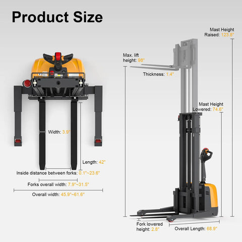 Rugged Heavy Duty Electric Lithium Pallet Stacker Cranks Up To 3300 Lbs With A Snappy 98 Inch Lift Height showing product dimensions and features.
