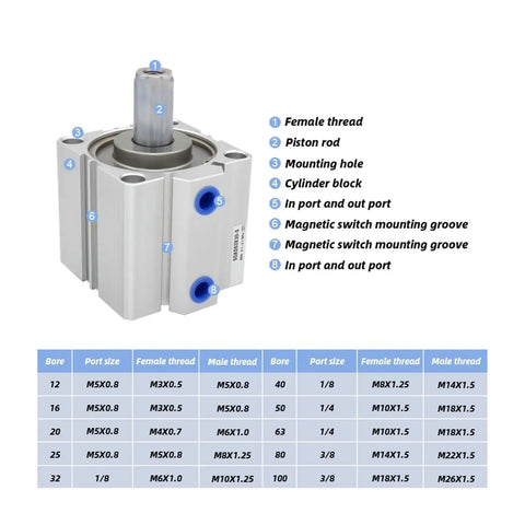 Compact Dual Rod Pneumatic Cylinder Built Tough For Rock Solid Stability And Zero Wobble During Smooth Clamping Moves Alongside Heavy Duty Push Pull Work In Cramped Workspaces with detailed labeling.