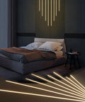 Black LED Recessed Lighting Kit With Dope 8 Piece 3000K Warm White Wall Panel Lights on wood slat wall in bedroom