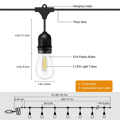 52Ft Outdoor String Lights With Warm White And Cool White Color Change Dope Remote Control And 11 Modes Waterproof Shatterproof 30V LED Bulbs