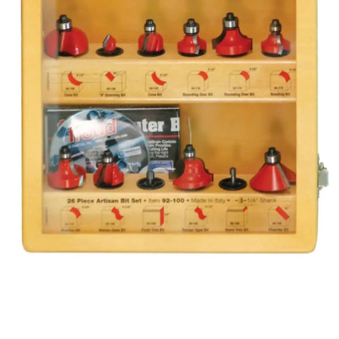 Level Up Your Woodworking Game With This Badass 26 Piece Artisan Router Bit Set Designed For 1/4 Inch Collets with various bits visible.