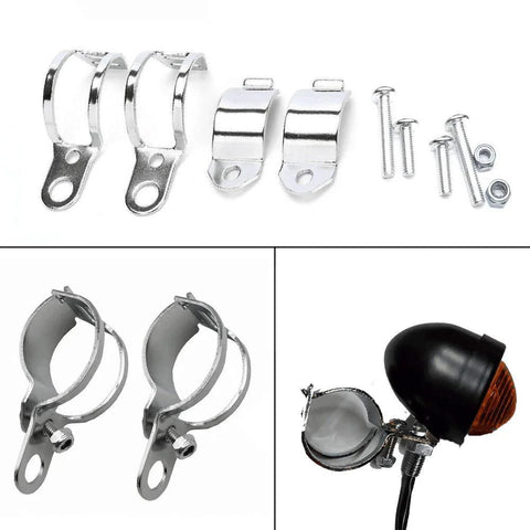 Chrome metal motorcycle turn-signal mounting clamps kit for 30–45mm; includes screws and nuts, shown installed on a bike.
