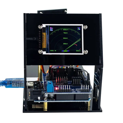 Simulation Ultrasonic Radar Sensor Module DIY Kit With 180 Degree Scanning Arduino IDE Compatible Dope Visual Feedback TFT Display For Real Time Dots Now showing TFT display and sensor module.