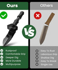 Comparison of metal detector shovel with extended handle and a regular trowel, highlighting rustproof and durability features.