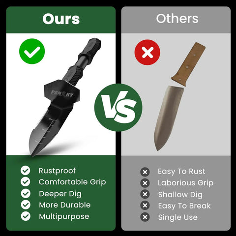 Comparison of metal detector shovel with extended handle and a regular trowel, highlighting rustproof and durability features.