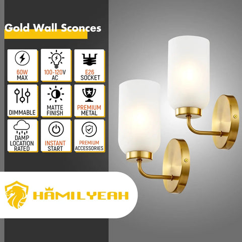 Gold Brushed Brass Wall Sconce Set of 2, Dope Modern Industrial Hardwired Lighting with Frosted Glass Shades for Living Room and Powder Room, UL Listed, 2 Light Wall Lamps.