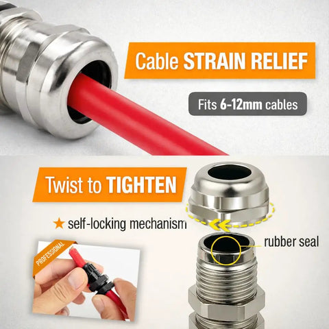 Half Inch NPT Brass Cable Gland Metal Cord Grip Strain Relief Two Pack Wire Protection demonstrating cable fit and installation