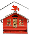 Front view of Country House Squirrel Proof Bird Feeder With Weathervane 8 Lb Seed Capacity All Metal Durable Construction Easy Fill Outdoor Feeder Rustic Red Backyard Decor For Birds.