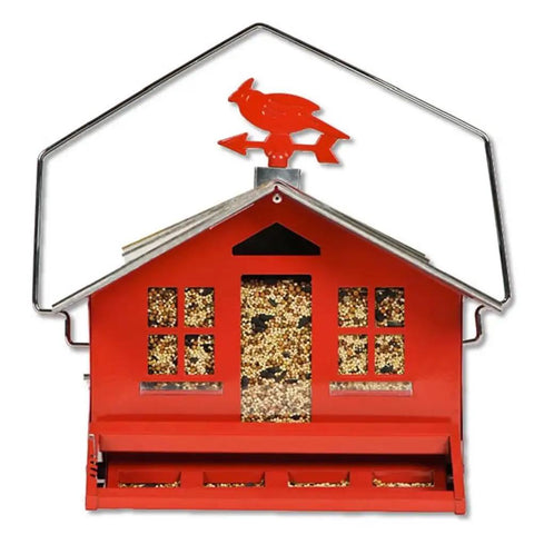 Front view of Country House Squirrel Proof Bird Feeder With Weathervane 8 Lb Seed Capacity All Metal Durable Construction Easy Fill Outdoor Feeder Rustic Red Backyard Decor For Birds.