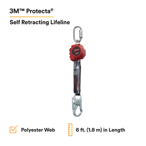 Protecta Rebel Self Retracting Lifeline 6 Foot Polyester Web With Steel Snap Hook And Carabiner Black Red For Industrial Construction