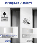 Comparison of ADA Braille Restroom Sign Set for Men showing strong self-adhesive on brushed aluminum, highlighting durability.