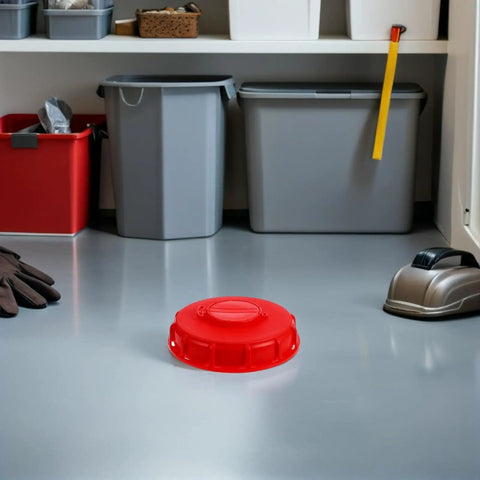 Two Pack Red Abs Ibc Tank Lid Covers With Vent Valves For Easy Pouring Pressure Control Breathable Design on a floor.