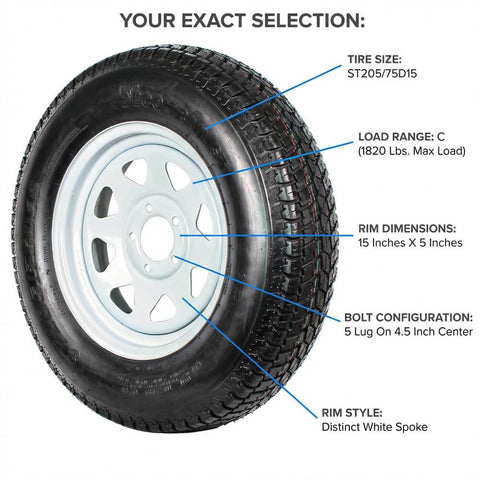 Two Pack 15 Inch Trailer Tire And Rim Set ST20575D15 Load Range C With Five Lug Four Point Five Inch Bolt Pattern White Spoke Wheel Pre Mounted On 15 Inch Rims For Utility Trailers Durable And Ready To Tow With Two Year Warranty, close-up view