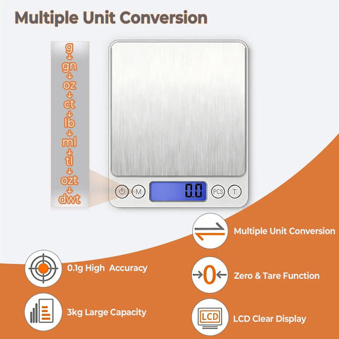 High Precision Kitchen Scale With 105 Oz Capacity And 0.01 Oz Accuracy for cooking, featuring stainless steel surface and LCD display