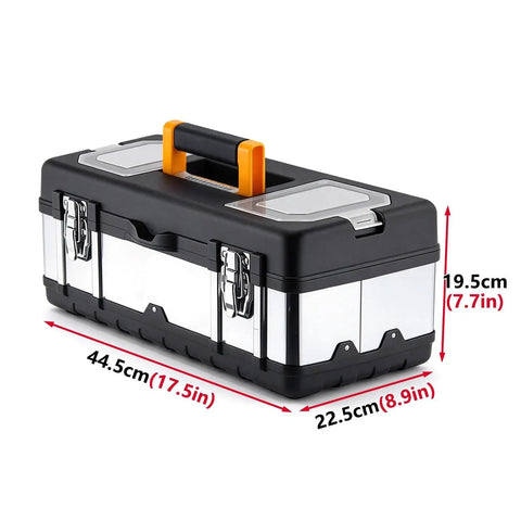 Badass Rugged Stainless Steel Tool Box With Dual Layer Garage Storage And Snappy Organizer Lid Tray For Screws, 44.5cm, heavy duty.