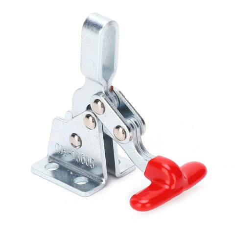 Metal quick release toggle clamp with red handle, part of a two-piece quick release toggle clamp set for woodworking jigs and fixtures.