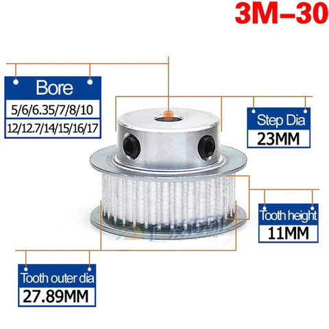 30T 3M Timing Belt Pulley Synchronous Wheel With 8mm Bore For 10mm Width Belts Aluminum Alloy Workhorse CNC Milling Lathe Gear Drive Component Ready For Precise Machining Hobbing Drilling And Gear Shaping Applications, 23mm step dia