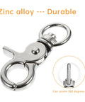 Thirty Piece Kickass Heavy Duty Trigger Snap Hooks With Swivel Action Zinc Alloy Build Top Shelf For Lanyards Keychains Dog Tags And Pet Cages Rated Solid For Up To One Hundred Twenty Pounds Zero Sweat In Daily Use, showing a zinc alloy snap hook with a 360-degree swivel.