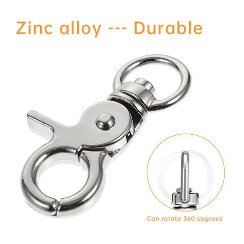 Thirty Piece Kickass Heavy Duty Trigger Snap Hooks With Swivel Action Zinc Alloy Build Top Shelf For Lanyards Keychains Dog Tags And Pet Cages Rated Solid For Up To One Hundred Twenty Pounds Zero Sweat In Daily Use, showing a zinc alloy snap hook with a 360-degree swivel.