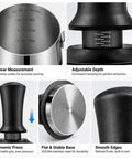 Badass Six Piece Espresso Tamper Kit With Adjustable Calibrated Head Precision Distributor And Wdt Tool Straight Fire showing ergonomic press and stainless steel base.