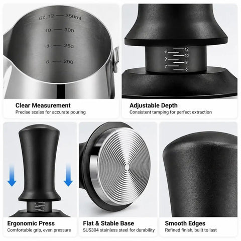 Badass Six Piece Espresso Tamper Kit With Adjustable Calibrated Head Precision Distributor And Wdt Tool Straight Fire showing ergonomic press and stainless steel base.