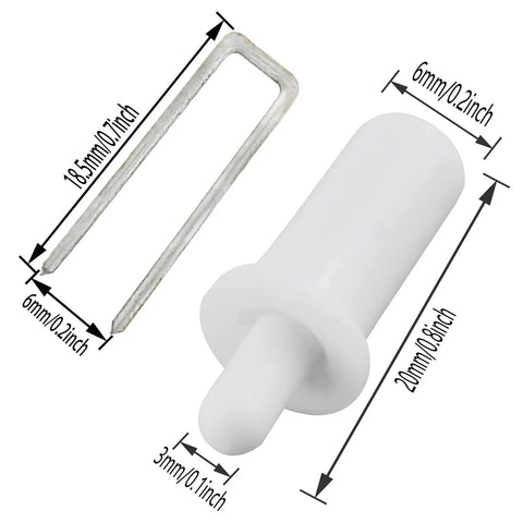 Built Tough Plantation Shutter Repair Kit With Slick Tilt Rod Louver Staples Plus Spring Loaded Pins showing a white plastic pin and metal clip.