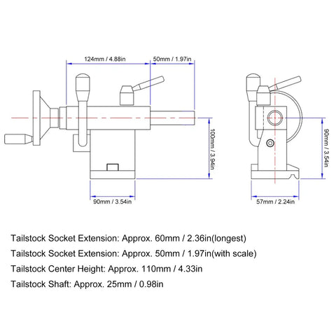 Technical diagram of Adjustable Multifunctional MT2 Tailstock Live Center For Wood And Metal Lathes dimensions and specifications.
