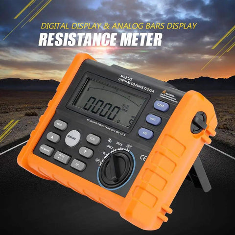 Digital Ground Earth Tester Meter 0 To 4K Ohm Insulation Tester Multimeter with LCD Backlight Display, shown on rugged backdrop
