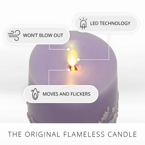 Lavender Glow Flameless Moving Flame Goblet Candle With LED Pillar 4 By 4.5 Inch Embossed Floral Print showing moving LED flame