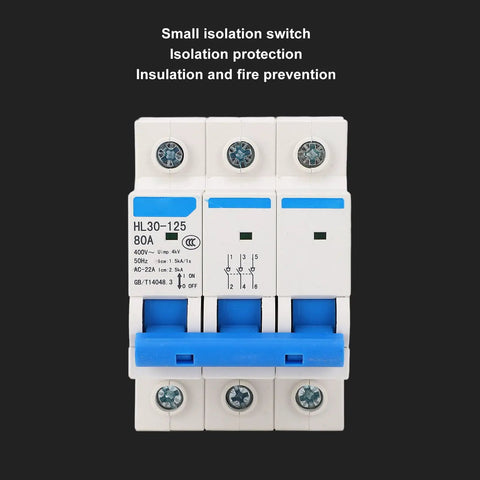 Three Pole Miniature Circuit Breaker 400V 80A Din Rail Mount for Home Office Protection Safe Electrical Isolation Plug and Play Easy Install HL30-125 Today, front view.