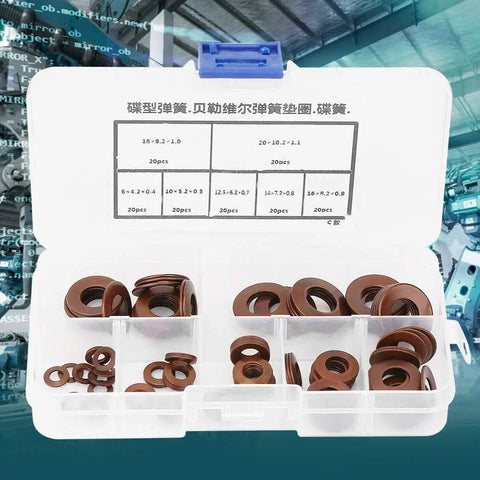 Pro Grade Belleville Disc Spring Washer Set Seven Sizes Built Tough Heavy Duty Compression Gaskets For Industrial Machinery And Steel Construction Shock Absorbers Pack 20 Pcs Each, case open
