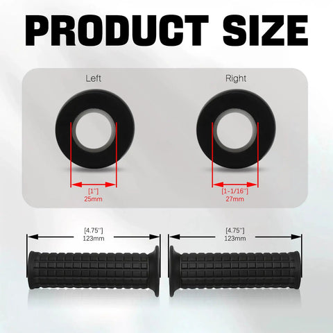 Product diagram showing 25mm One Inch Universal Vintage Motorcycle Hand Grips dimensions with open ends, anti-slip TPU.